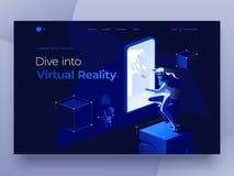 Virtual augmented reality glasses concept with people playing a game and entertaining on the dark blue abstract background. royalty free illustration Virtual augmented reality glasses concept with people playing a game and entertaining on the dark blue abstract background. royalty free illustration