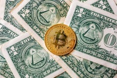 Virtual money golden bitcoin on one dollar bill background. Concept of new world order of cryptocurrency. Exchange bitcoin cash royalty free stock images Virtual money golden bitcoin on one dollar bill background. Concept of new world order of cryptocurrency. Exchange bitcoin cash royalty free stock images