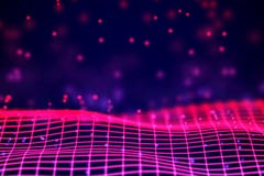 Virtual reality concept: 3D Neon digital wireframe grid with floating particles. stock illustration Virtual reality concept: 3D Neon digital wireframe grid with floating particles. stock illustration