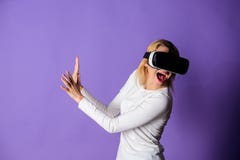 Virtual reality and future technologies. Girl use modern technology vr headset. Interact alternative reality. Digital royalty free stock photo Virtual reality and future technologies. Girl use modern technology vr headset. Interact alternative reality. Digital royalty free stock photo
