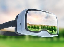 Virtual reality headset, double exposure, Green field under the sun