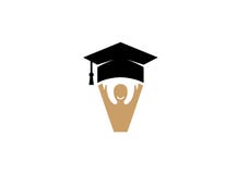 Visage de chapeau et de sourire d'obtention du diplôme avec des mains vers le haut de logo illustration stock Visage de chapeau et de sourire d'obtention du diplôme avec des mains vers le haut de logo illustration stock