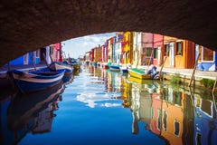 Visión debajo del puente de casas y de barcos venecianos coloridos en las islas de Burano en Venecia, Italia imágenes de archivo libres de regalías Visión debajo del puente de casas y de barcos venecianos coloridos en las islas de Burano en Venecia, Italia imágenes de archivo libres de regalías