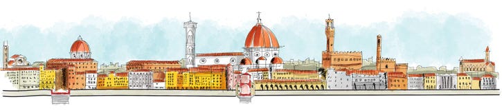 Visión panorámica Florencia, Lungarno, edificios e iglesias libre illustration Visión panorámica Florencia, Lungarno, edificios e iglesias libre illustration