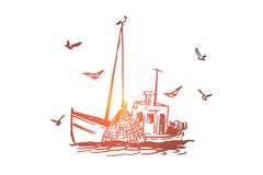 Visserij, commerciële boot, schip, marien concept Hand getrokken geïsoleerde vector vector illustratie Visserij, commerciële boot, schip, marien concept Hand getrokken geïsoleerde vector vector illustratie