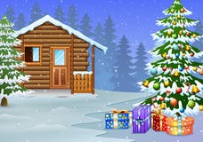 Vista da decoração de madeira nevado da casa e da árvore de Natal com o presente ilustração do vetor Vista da decoração de madeira nevado da casa e da árvore de Natal com o presente ilustração do vetor