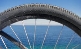 Vista di oceano attraverso l'orlo della bici immagini stock libere da diritti Vista di oceano attraverso l'orlo della bici immagini stock libere da diritti