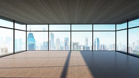 Vista di prospettiva dell'interno di legno vuoto del soffitto del cemento e del pavimento con la vista dell'orizzonte della città illustrazione di stock Vista di prospettiva dell'interno di legno vuoto del soffitto del cemento e del pavimento con la vista dell'orizzonte della città illustrazione di stock