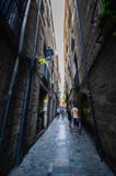 Vista grandangolare della via stretta del ciottolo nel centro storico di Girona immagini stock libere da diritti Vista grandangolare della via stretta del ciottolo nel centro storico di Girona immagini stock libere da diritti