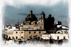 Vista panorámica del pueblo blanco de Ostuni en Salento en el mar adriático ilustración del vector Vista panorámica del pueblo blanco de Ostuni en Salento en el mar adriático ilustración del vector