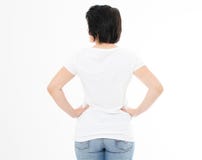 Vista traseira - mulher t-shirt branco na zombaria isolada acima, espaço da cópia, tshirt vazio Menina na camisa de t foto de stock royalty free Vista traseira - mulher t-shirt branco na zombaria isolada acima, espaço da cópia, tshirt vazio Menina na camisa de t foto de stock royalty free
