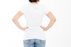 Vista traseira - mulher t-shirt branco na zombaria isolada acima, espaço da cópia, tshirt vazio Menina na camisa de t foto de stock Vista traseira - mulher t-shirt branco na zombaria isolada acima, espaço da cópia, tshirt vazio Menina na camisa de t foto de stock