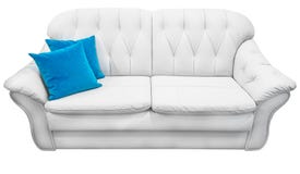 Vit ecolädersoffa med blåttkudden Vit soffa för mjuk snö med lagledare-typ screedcapitone Klassisk soffa på royaltyfria bilder Vit ecolädersoffa med blåttkudden Vit soffa för mjuk snö med lagledare-typ screedcapitone Klassisk soffa på royaltyfria bilder