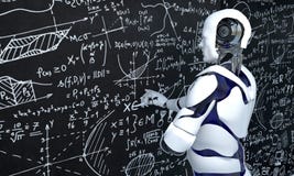 Vit robotteknologi arbetar på matematik, kemi, biologi, vetenskap royaltyfri illustrationer Vit robotteknologi arbetar på matematik, kemi, biologi, vetenskap royaltyfri illustrationer