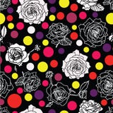 Vita eller gråa och omvändningsvartrosor blomstrar på svart bakgrund med pricklinser i pastellfärgade färger Rosa violett, gult stock illustrationer Vita eller gråa och omvändningsvartrosor blomstrar på svart bakgrund med pricklinser i pastellfärgade färger Rosa violett, gult stock illustrationer
