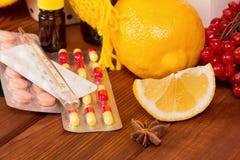 Vitamin Concept - Close Up Of Lemon And Pills Royalty Free Stock Photo