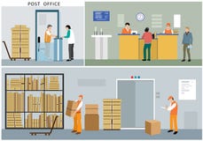 Vlak ontwerp van de postkantoordienst: beambten, brievenbestellers, mensen, binnenland, acties en activiteiten vector illustratie Vlak ontwerp van de postkantoordienst: beambten, brievenbestellers, mensen, binnenland, acties en activiteiten vector illustratie