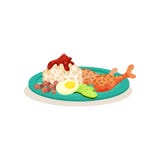 Vlak vectorpictogram van Maleise nasi lemak Rijst met kippenbenen, gekookt ei, pinda's en komkommer Smakelijke schotel royalty-vrije illustratie Vlak vectorpictogram van Maleise nasi lemak Rijst met kippenbenen, gekookt ei, pinda's en komkommer Smakelijke schotel royalty-vrije illustratie
