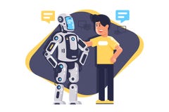 Vlakke jonge mens die aan robot met toespraakbel, robot en mensen spreken vector illustratie Vlakke jonge mens die aan robot met toespraakbel, robot en mensen spreken vector illustratie