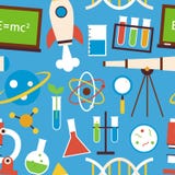 Vlakke Naadloze van het Patroonwetenschap en Onderwijs Voorwerpen over Blauw stock illustratie Vlakke Naadloze van het Patroonwetenschap en Onderwijs Voorwerpen over Blauw stock illustratie