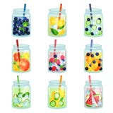 Vlakke vectorreeks heerlijke detoxdranken met diverse ingrediënten Verfrissend fruitwater Natuurlijk en gezond royalty-vrije illustratie Vlakke vectorreeks heerlijke detoxdranken met diverse ingrediënten Verfrissend fruitwater Natuurlijk en gezond royalty-vrije illustratie
