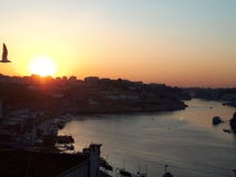 Vliegend over de stad, zonsondergang in Porto stock fotografie Vliegend over de stad, zonsondergang in Porto stock fotografie
