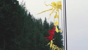 Vliegende kleurrijke banners op vlaggestokken tegen de achtergrond van het pijnboombos tijdens de zomerfestival stock footage Vliegende kleurrijke banners op vlaggestokken tegen de achtergrond van het pijnboombos tijdens de zomerfestival stock footage