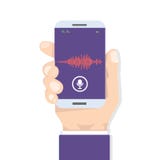 Voice recognition Personal assistant on mobile app. Concept flat vector illustration of device with microphone icon stock illustration Voice recognition Personal assistant on mobile app. Concept flat vector illustration of device with microphone icon stock illustration