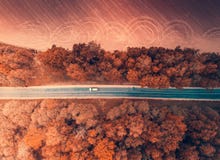 Voiture se déplaçant la forêt d'automne d'en haut photos stock Voiture se déplaçant la forêt d'automne d'en haut photos stock