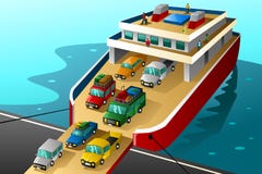 Voitures dans les vacances entrant dans un grand ferry illustration libre de droits Voitures dans les vacances entrant dans un grand ferry illustration libre de droits
