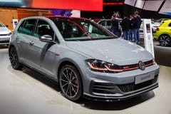 Volkswagen Golf GTI TCR car showcased at the Autosalon 2020 Motor Show. Brussels, Belgium - January 9, 2020