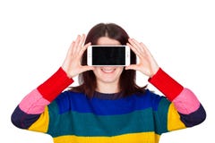 Vr del telefono della donna fotografia stock libera da diritti Vr del telefono della donna fotografia stock libera da diritti