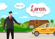 Vriendschappelijk Taxi Driver bij de Dienst van het Autovervoer royalty-vrije illustratie Vriendschappelijk Taxi Driver bij de Dienst van het Autovervoer royalty-vrije illustratie