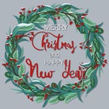 Vrolijke Kerstmis en Gelukkig Nieuwjaar Feestelijke kroon met snow-covered bessen vector illustratie Vrolijke Kerstmis en Gelukkig Nieuwjaar Feestelijke kroon met snow-covered bessen vector illustratie