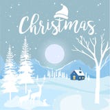 Vrolijke Kerstmis en Gelukkig Nieuwjaar met plattelandshuisje en sneeuwvlokken op Blauwe achtergrond, Kerstmis reclameconcept ont royalty-vrije illustratie Vrolijke Kerstmis en Gelukkig Nieuwjaar met plattelandshuisje en sneeuwvlokken op Blauwe achtergrond, Kerstmis reclameconcept ont royalty-vrije illustratie