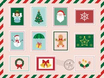 Vrolijke Kerstmis en Gelukkige Nieuwjaarprentbriefkaar met postzegel Vector illustratie Royalty-vrije Stock Afbeeldingen Vrolijke Kerstmis en Gelukkige Nieuwjaarprentbriefkaar met postzegel Vector illustratie Royalty-vrije Stock Afbeeldingen