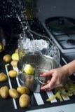 Vrouw die aardappels werpen in de pot stock foto Vrouw die aardappels werpen in de pot stock foto