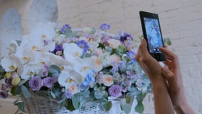 Vrouw die foto van grote bloemenmand met bloemen met smartphone nemen stock videobeelden Vrouw die foto van grote bloemenmand met bloemen met smartphone nemen stock videobeelden