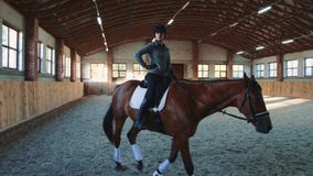 Vrouw die op paard langzaam op arena lopen stock footage Vrouw die op paard langzaam op arena lopen stock footage