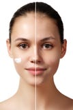 Vrouw before and after digitale make-up en het retoucheren makeover stock foto Vrouw before and after digitale make-up en het retoucheren makeover stock foto