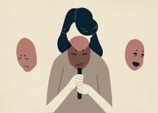 Vrouw met verminderd hoofd die haar gezicht behandelen met maskers die diverse emoties uitdrukken Natuurlijk concept het verander royalty-vrije illustratie Vrouw met verminderd hoofd die haar gezicht behandelen met maskers die diverse emoties uitdrukken Natuurlijk concept het verander royalty-vrije illustratie