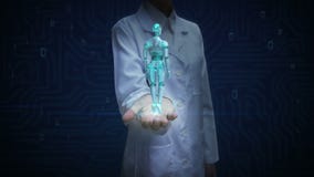 Vrouwelijke artsen open palm, het Roterende lichaam van de transparantie 3D robot cyborg Kunstmatige intelligentie Robottechnolog stock video Vrouwelijke artsen open palm, het Roterende lichaam van de transparantie 3D robot cyborg Kunstmatige intelligentie Robottechnolog stock video