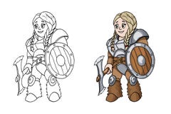 Vrouwelijke die strijder met een schild en een bijl op witte achtergrond wordt geïsoleerd vector illustratie Vrouwelijke die strijder met een schild en een bijl op witte achtergrond wordt geïsoleerd vector illustratie