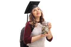 Vrouwelijke gediplomeerde student die een kruik houden die met geld wordt gevuld Stock Afbeelding Vrouwelijke gediplomeerde student die een kruik houden die met geld wordt gevuld Stock Afbeelding