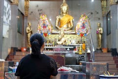 Vue arrière de femme thaïlandaise priant à Bouddha dans le temple image libre de droits Vue arrière de femme thaïlandaise priant à Bouddha dans le temple image libre de droits