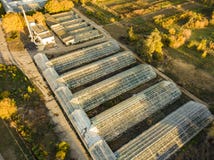 Vue aérienne des serres chaudes agricoles en verre extérieures le jour f d'été images libres de droits Vue aérienne des serres chaudes agricoles en verre extérieures le jour f d'été images libres de droits