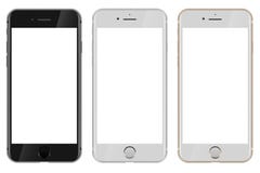 Vue de face de noir, de blanc et d'iPhone 7 d'Apple d'or avec le wh vide Vue de face de noir, de blanc et d'iPhone 7 d'Apple d'or avec le wh vide