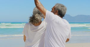 Vue de face de la danse supérieure active romantique de couples d'Afro-américain ensemble sur la plage 4k banque de vidéos Vue de face de la danse supérieure active romantique de couples d'Afro-américain ensemble sur la plage 4k banque de vidéos