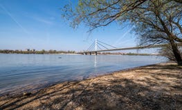 Vue de pont de libert? ? Novi Sad, la Serbie avec le brin de plage du Danube et de ville pendant le printemps t?t avec l'eau bleu photos stock Vue de pont de libert? ? Novi Sad, la Serbie avec le brin de plage du Danube et de ville pendant le printemps t?t avec l'eau bleu photos stock