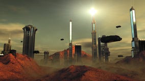 Vue futuriste de rue de ville de la science fiction, digitalement illustration 3d illustration de vecteur Vue futuriste de rue de ville de la science fiction, digitalement illustration 3d illustration de vecteur